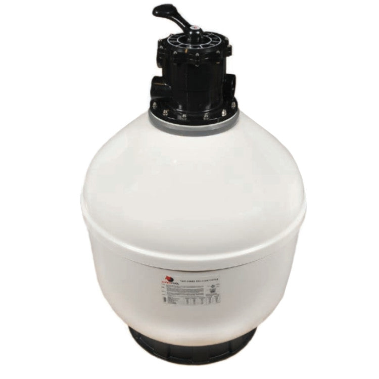 White cylindrical pool filter with black top and base, featuring a labeled brand sticker on its side.
