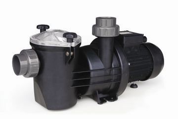 Black plastic pool pump with a silver mesh filter cover and gray threaded fittings.