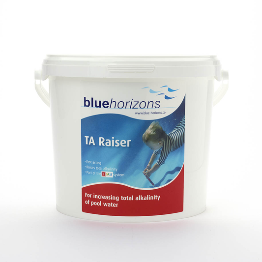 White plastic bucket with a blue and red label featuring the ’blue horizons’ brand name, labeled as ’ta raiser,’ designed for increasing total alkalinity of pool water.