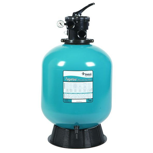 Teal-colored cylindrical pool filter with black top and base, featuring a pressure gauge and labeled ’tagelus’ by pentair.