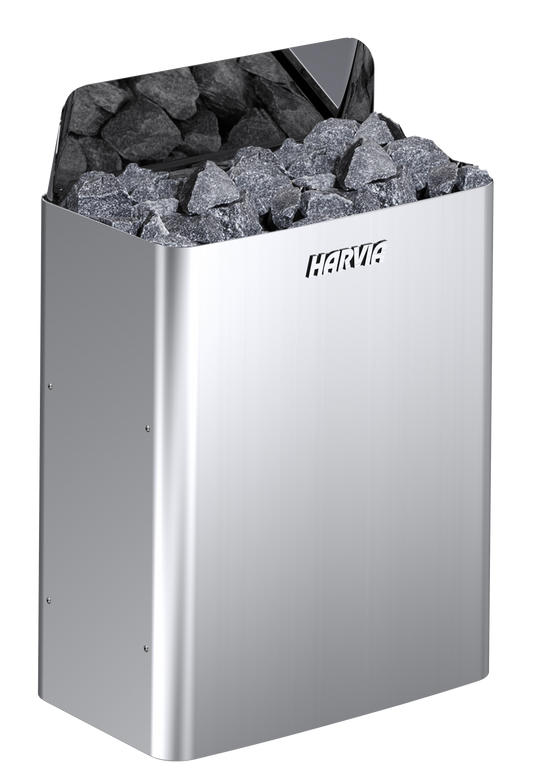 Silver harvia electric sauna heater filled with dark gray river stones.