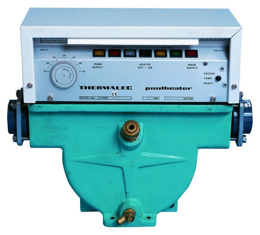 Turquoise industrial pool heater with a white control panel featuring the brand name ’thermalec’ and labeled controls for pump supply, heater on/off, and main supply.