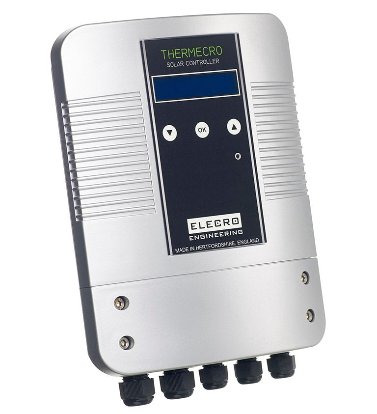 Silver thermecro solar controller with black control panel and four black cable connectors.