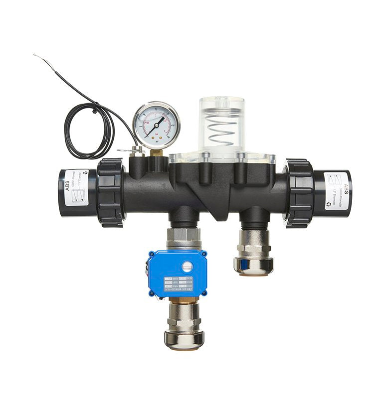 Black plastic pressure regulator assembly with a blue control box, silver metallic fittings, and transparent cylindrical filter housing.