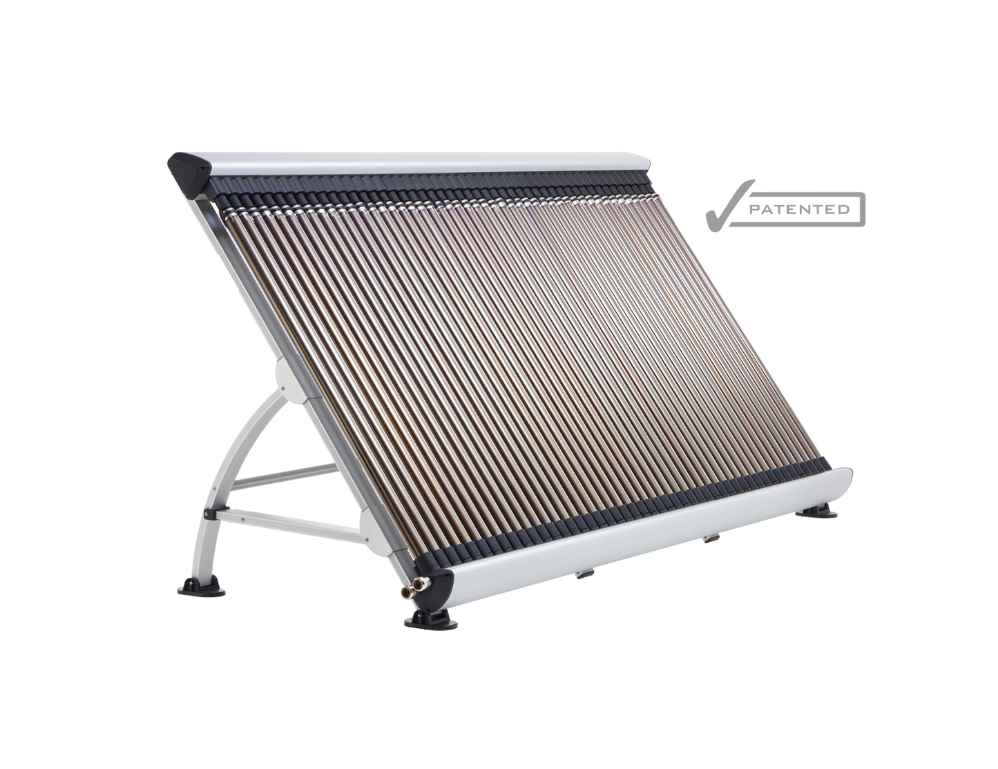 Silver-framed solar water heater with a series of brown, cylindrical tubes arranged in parallel rows.