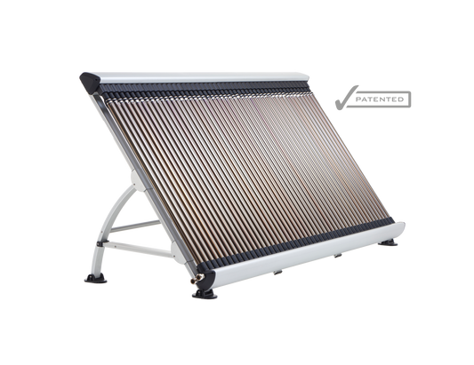 Silver-framed solar water heater with a series of brown, cylindrical tubes arranged in parallel rows.