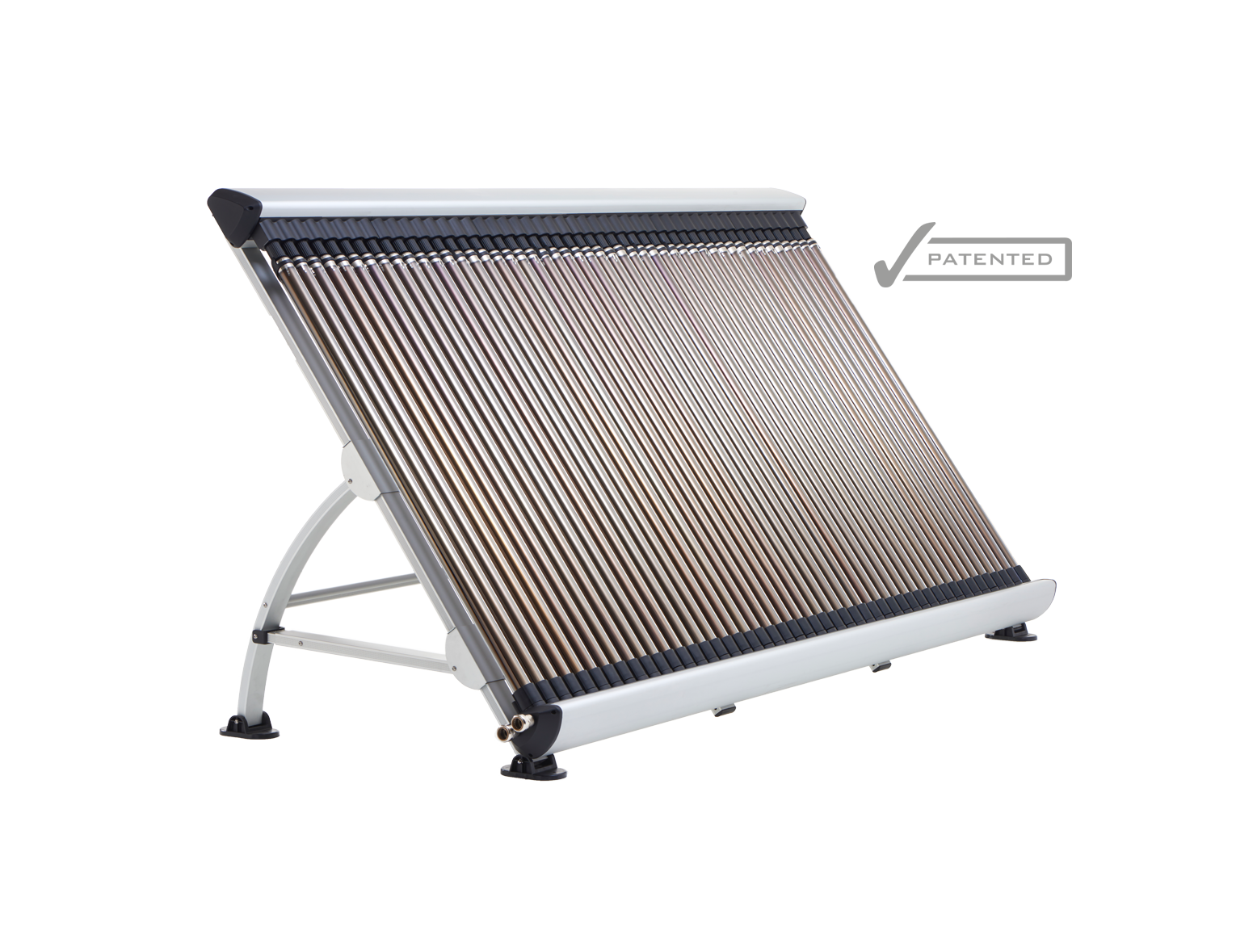 Silver-framed solar water heater with a series of brown, cylindrical tubes arranged in parallel rows.