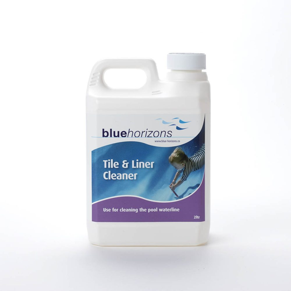 White plastic jug with a handle and white cap, labeled ’bluehorizons tile & liner cleaner’ in blue and purple text on a label featuring an image of a child swimming.
