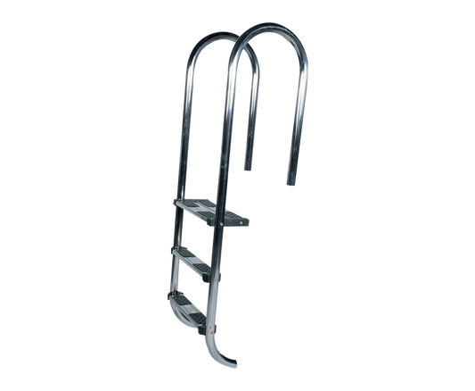 Shiny chrome-finished metal pool ladder with three steps and curved handrails.