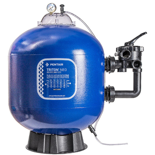 Blue pentair triton neo high-rate sand filter with a pressure gauge and black plumbing fittings.