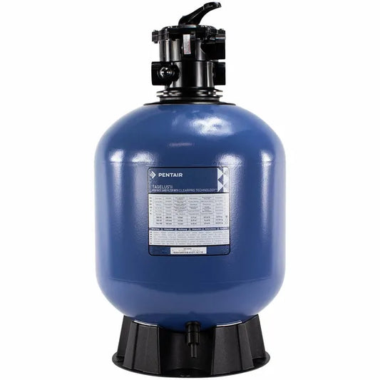 Blue pentair tafeluch sand filter tank with black top and base.