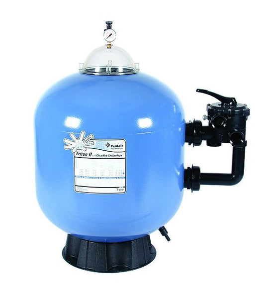 Blue spherical pool filter with black plumbing and a pressure gauge on top
