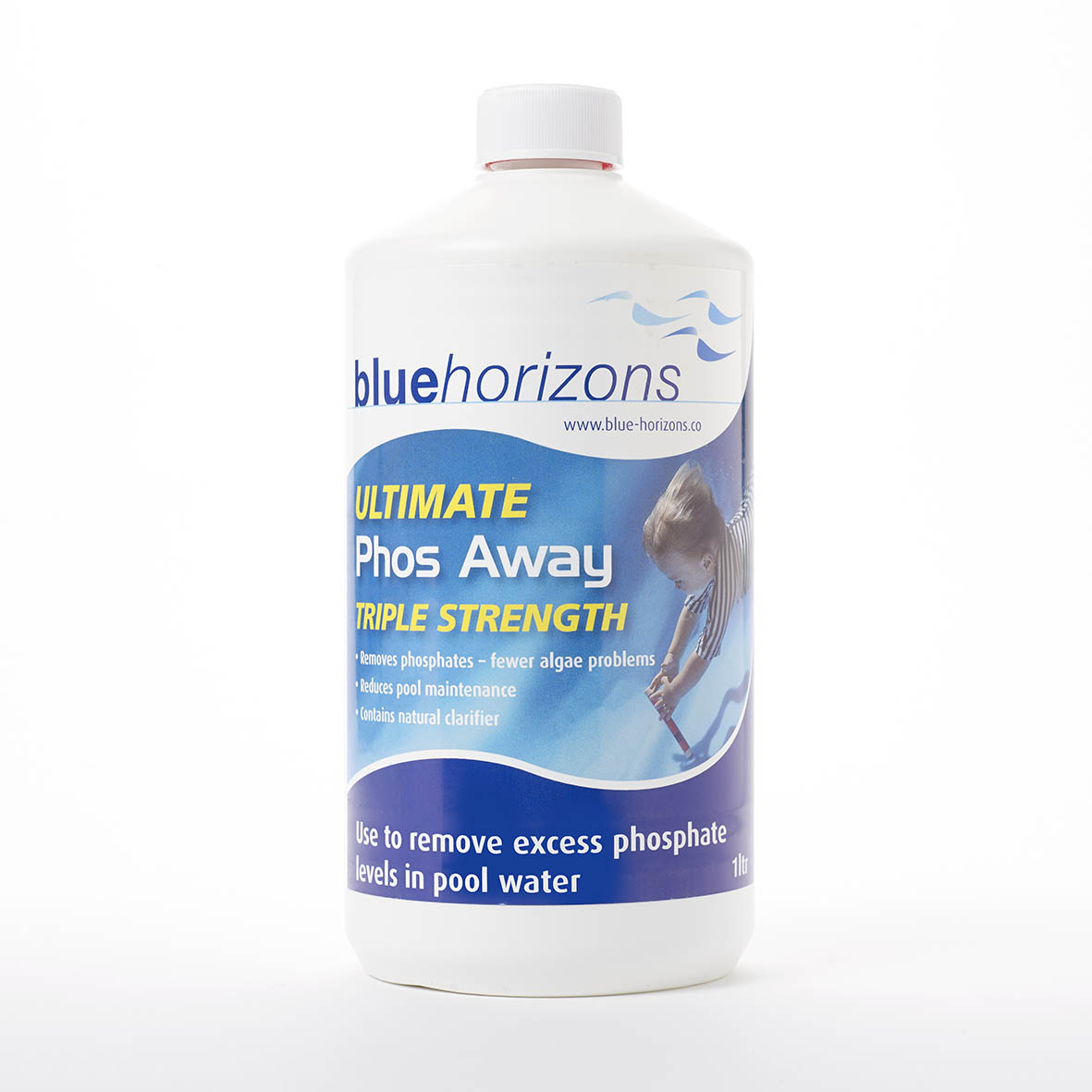 White plastic bottle of blue horizons ultimate phos away triple strength pool chemical.