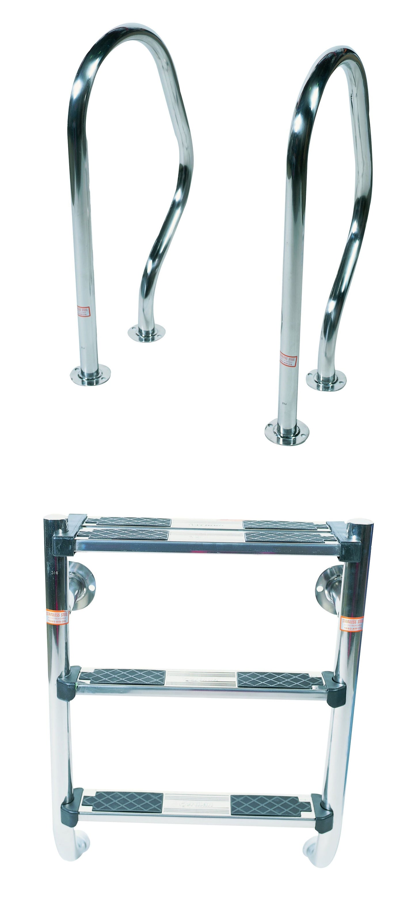 Chrome-finished metal ladder with three rungs featuring black diamond-patterned non-slip grips and circular end caps.