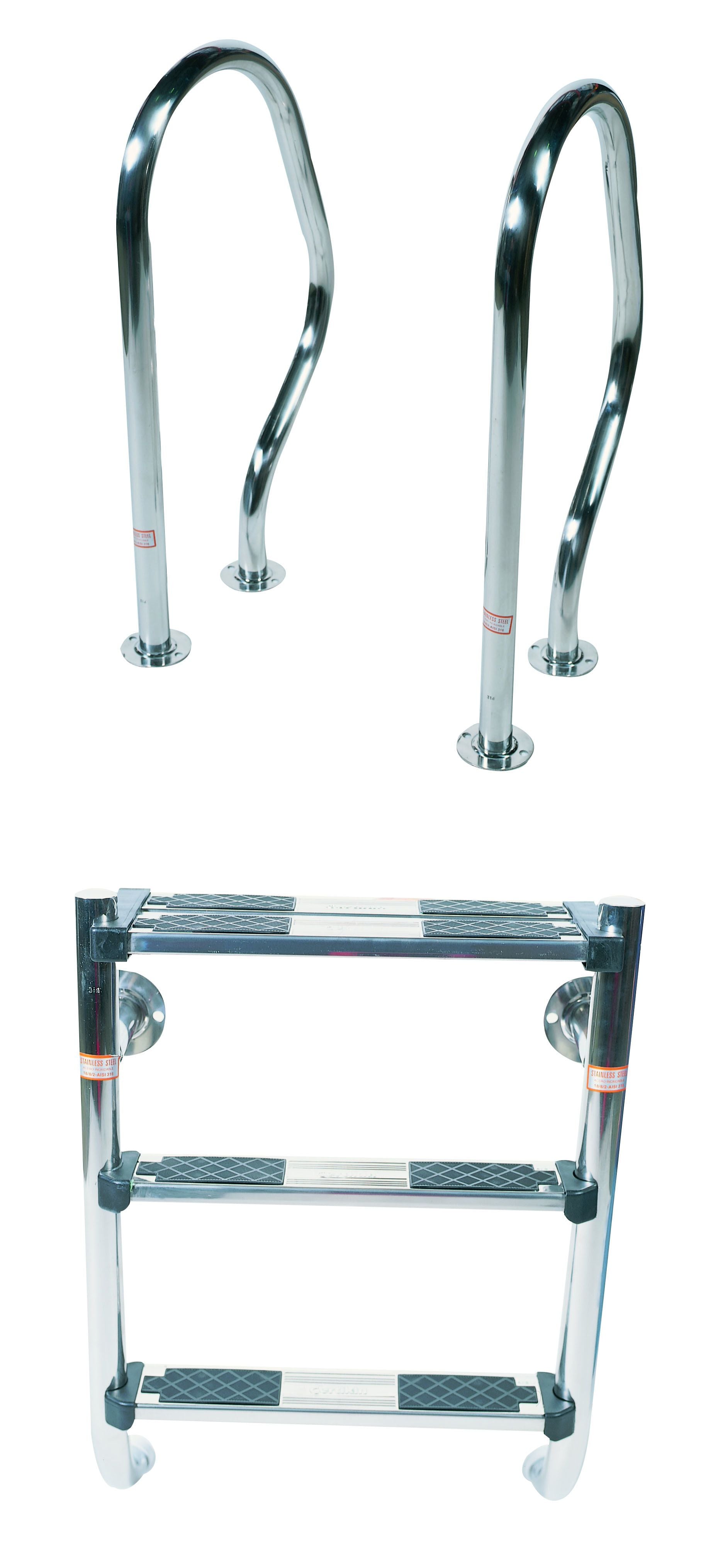 Chrome-finished metal ladder with three rungs featuring black diamond-patterned non-slip grips and circular end caps.