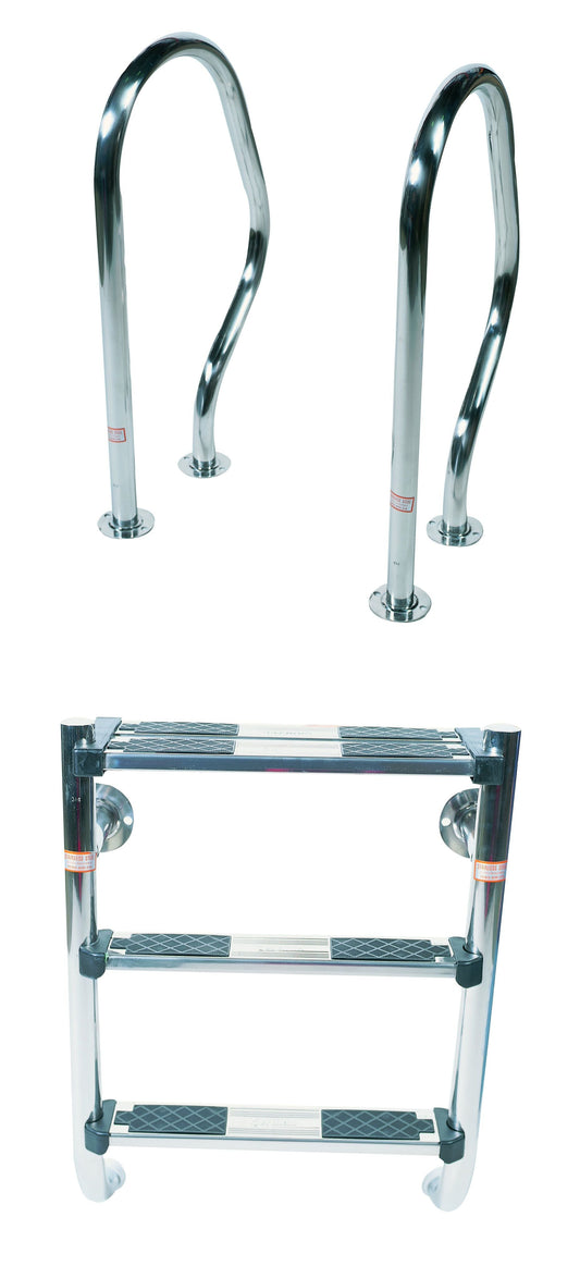 Chrome-finished metal ladder with three rungs featuring black diamond-patterned non-slip grips and circular end caps.