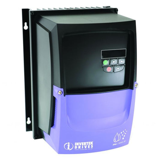Purple and black inverttek drives industrial variable frequency drive with a digital display panel.
