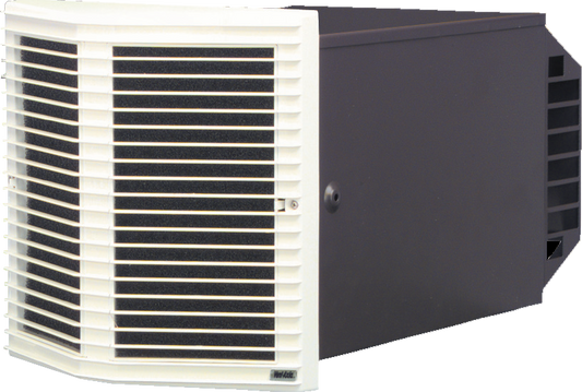 White vent with black slats and a dark gray side panel