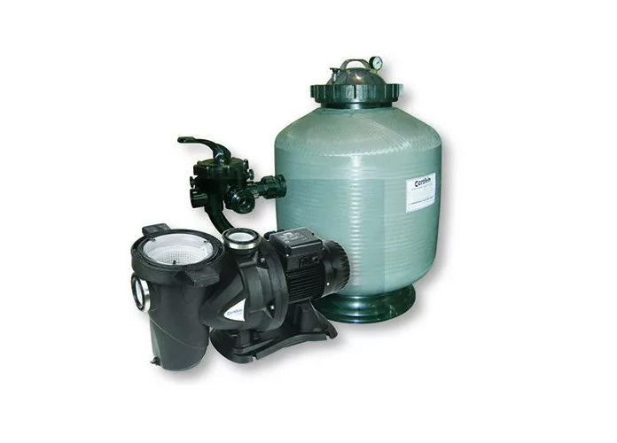 Green cylindrical sand filter tank with black fittings and a label reading ’comline’