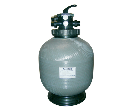 Gray certikin sand filter with black top and base, featuring a pressure gauge and control valves.