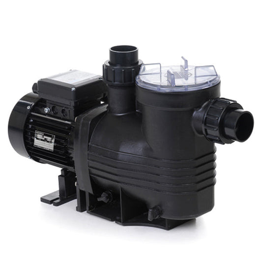 Black plastic pool pump with a clear lid and black motor housing.