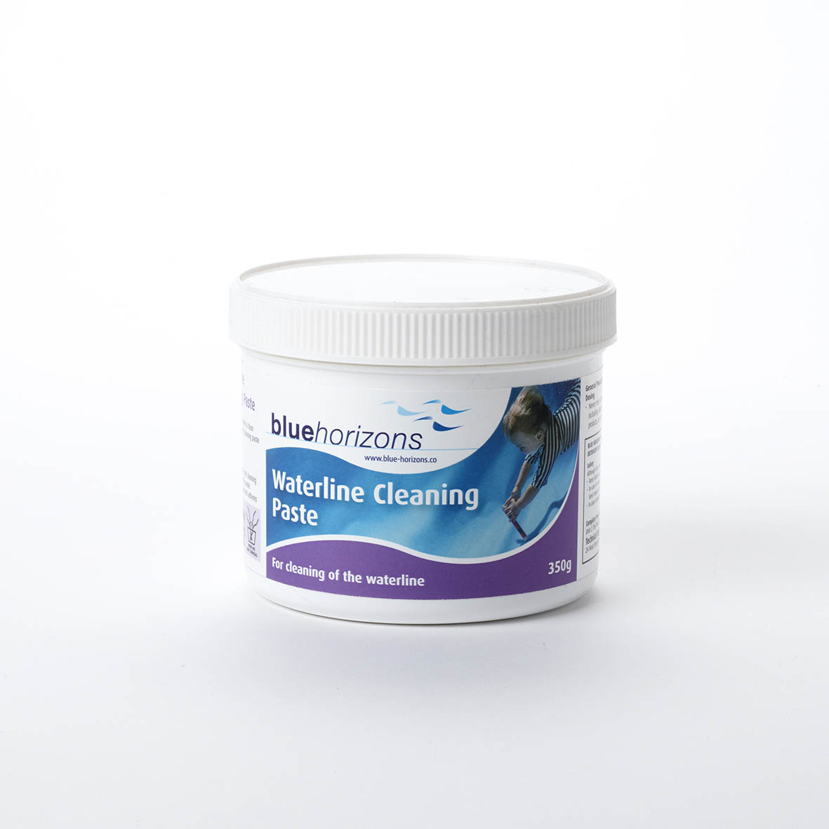 White plastic jar of blue horizons waterline cleaning paste, 350g.