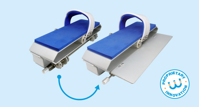 Blue padded footrests with white adjustable straps and metallic frames.