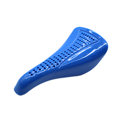 Blue plastic bicycle saddle with a perforated design.