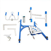 Blue and white metal exercise rack with adjustable components.