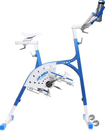 Blue and white stationary exercise bike with a sleek, modern design.