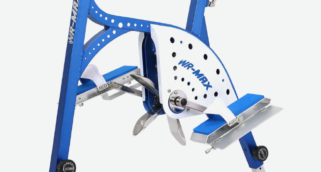 Blue and white wr-max weight bench with perforated metal frame and adjustable silver-colored components.
