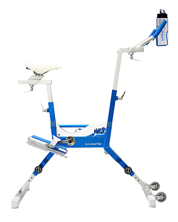 Blue and white stationary exercise bike with a sleek, modern design.
