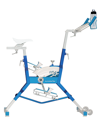 Blue and white stationary exercise bike with a water bottle holder on the handlebars