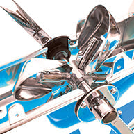 Chrome-plated metal airplane propeller with a sleek, aerodynamic design and blue graphic accents.