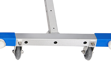 Silver metal frame with blue plastic end caps and four gray caster wheels.