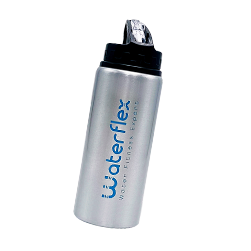Silver waterflex water bottle with black cap and blue branding.