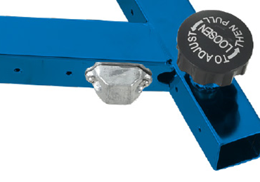 Blue metal adjustable clamp with a black knob labeled ’to adjust then pull’ and a silver metallic attachment point.