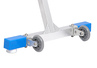 Blue plastic end caps with gray wheels on a silver metal frame.