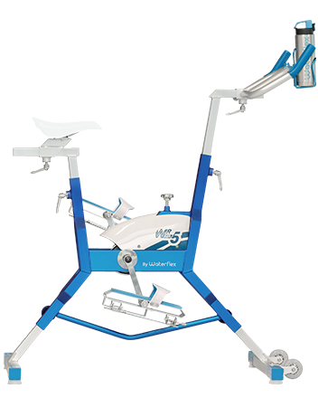 Blue and white stationary exercise bike with a sleek, modern design.