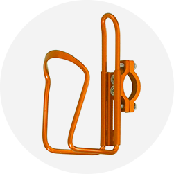 Orange metal bicycle water bottle cage with a sleek, curved design.