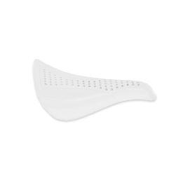 White bicycle saddle with a sleek, ergonomic design and perforated surface for ventilation.