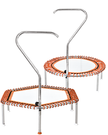 Silver-framed mini trampoline with orange woven edge and handlebars.