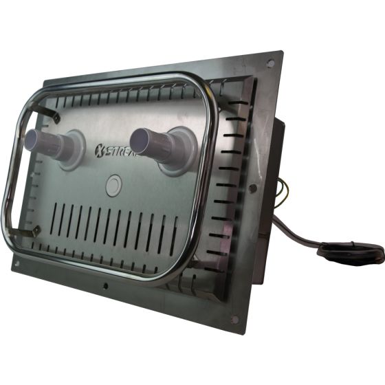 Black metal-framed industrial ventilation fan with two gray cylindrical inlets and a vented grille.